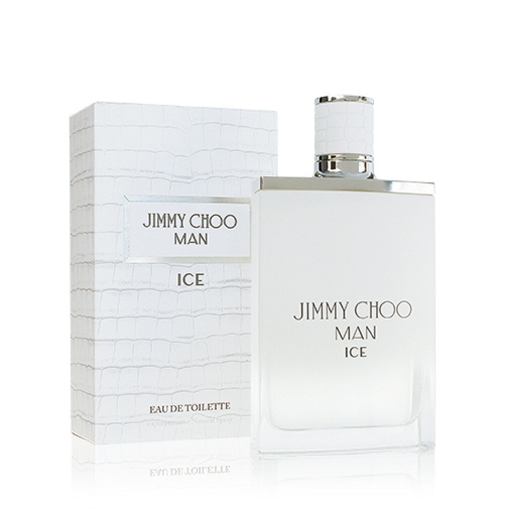Jimmy Choo Man Ice Eau de Toilette Flakon und Verpackung. Weißes Design mit silbernen Akzenten. Text: Jimmy Choo Man Ice.