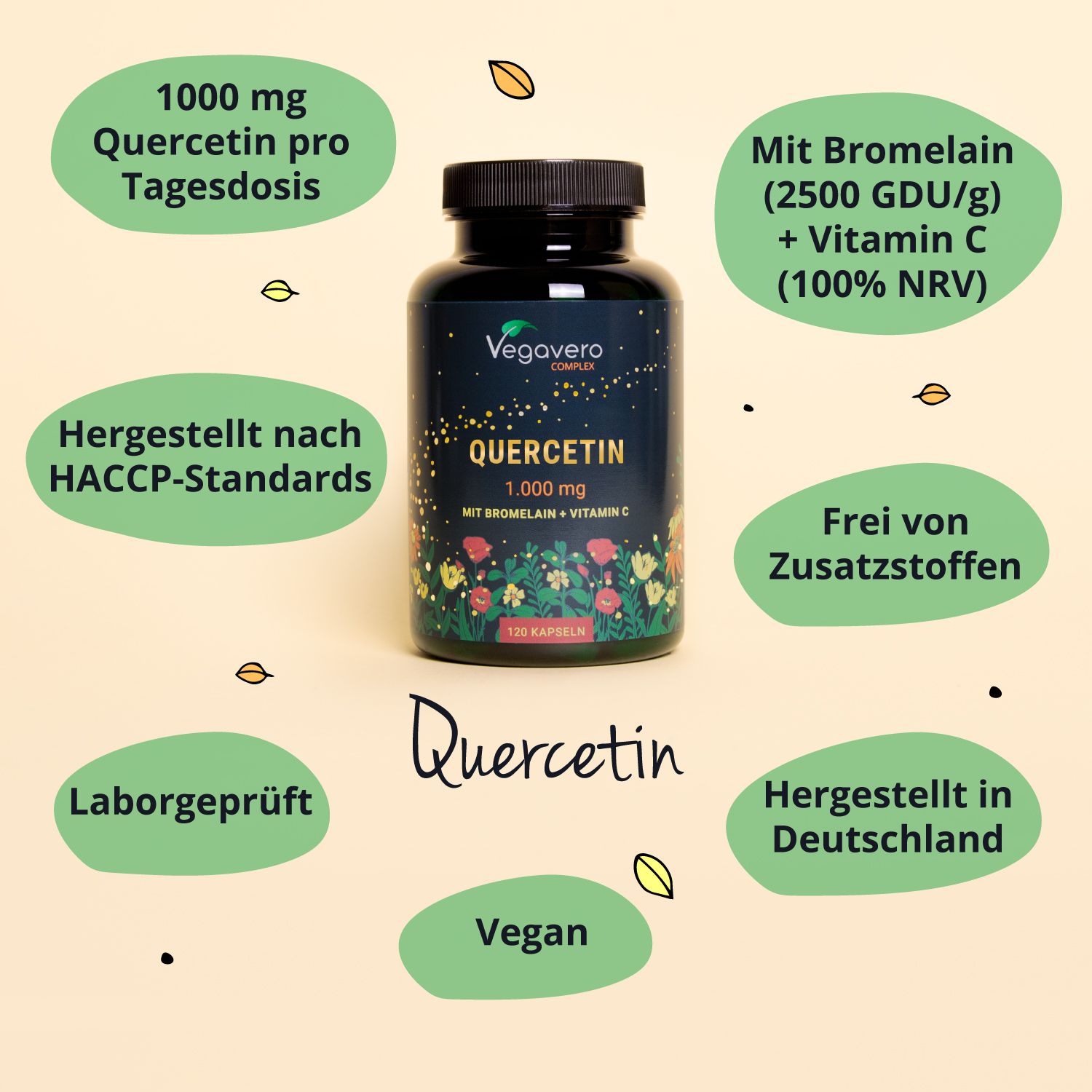 Produktflasche mit Zusatzinformationen. 1000 mg Quercetin pro Tagesdosis. Mit Bromelain + Vitamin C. Vegan. Vegavero.