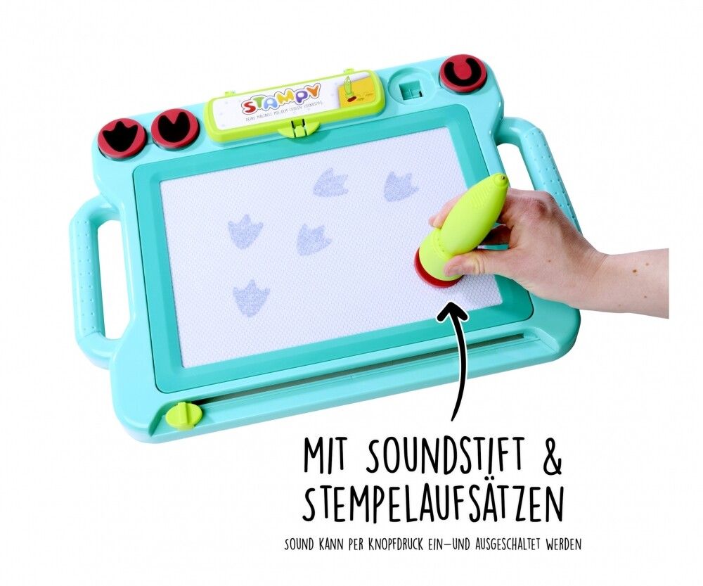 Hellblaue Maltafel mit Stempeln und Stift. Auf der Tafel sind Pfotenabdrücke. Text: MIT SOUNDSTIFT & STEMPELAUS SÄTZEN.