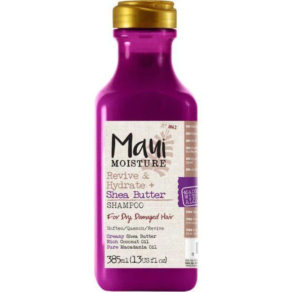 Flasche Shampoo, lila Flüssigkeit, goldener Deckel. Aufschrift: Maui Moisture Revive & Hydrate + Shea Butter Shampoo.