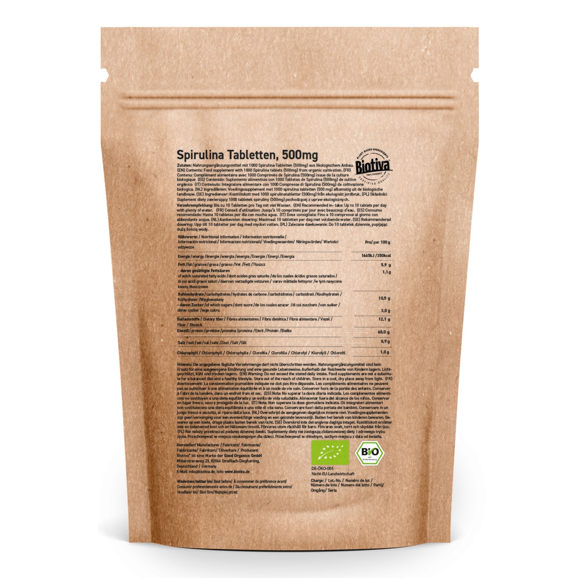 Rückseite der Biotiva Spirulina Tabletten Bio Tüte mit Nährwertangaben und Bio-Siegel.