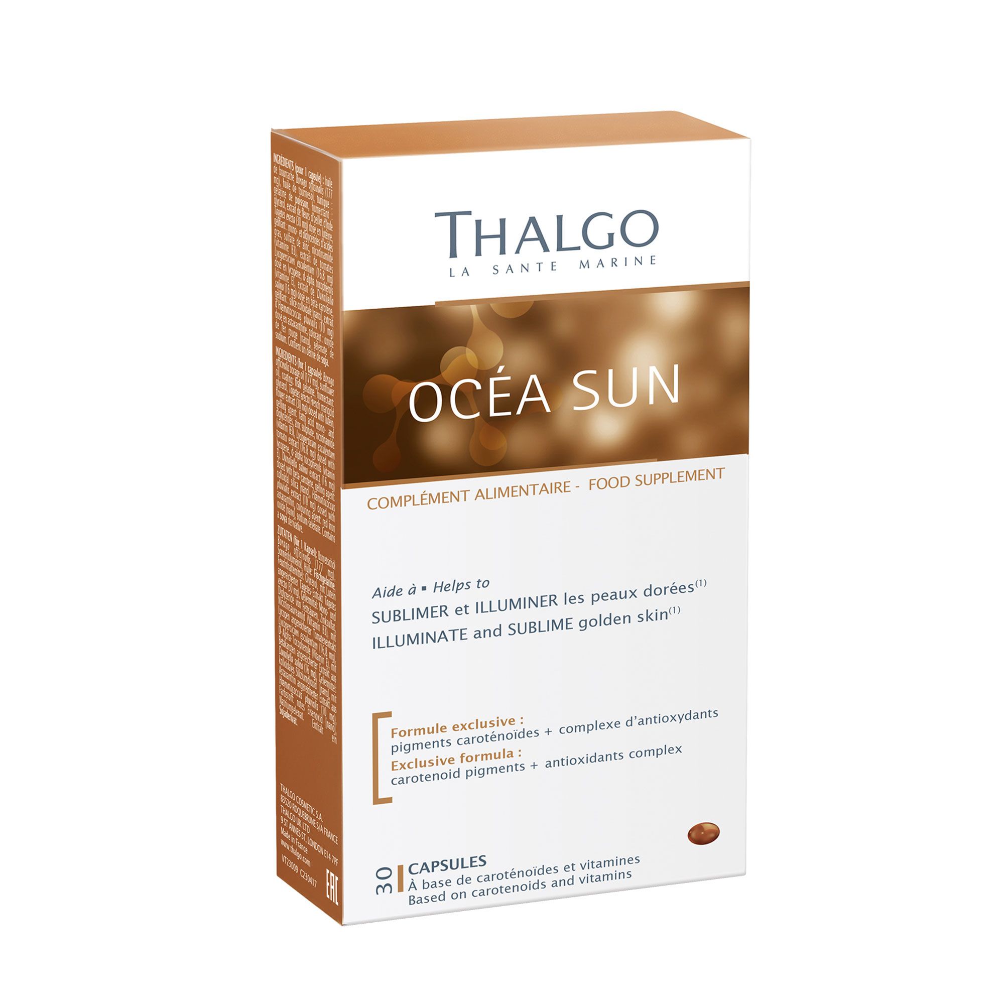 Océa Sun-Verpackung. Weiß-braune Schachtel mit Produktnamen und Text. Enthält 30 Kapseln. Marke: THALGO.