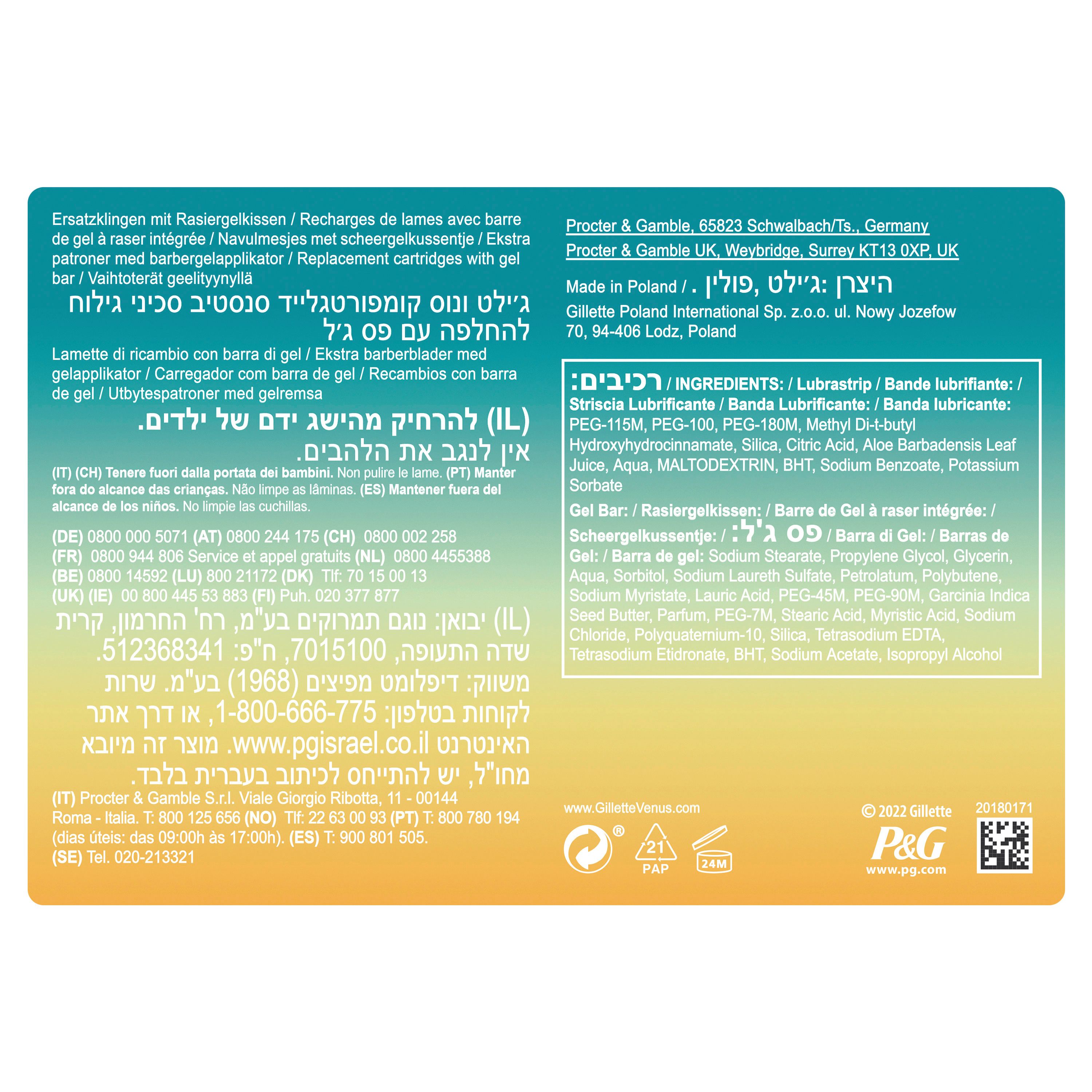 Rückseite der Verpackung mit Produktinformationen und Inhaltsstoffen. Text in mehreren Sprachen, darunter Deutsch, Englisch und Hebräisch.