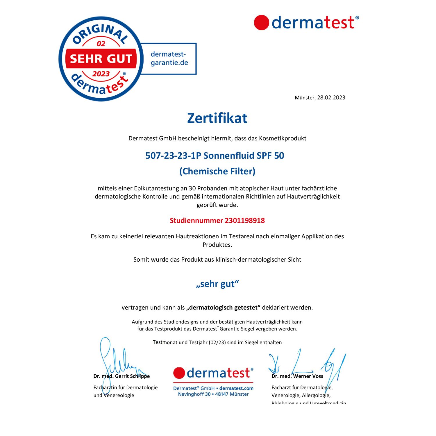 Zertifikat von Dermatest. Text: 507-23-23-1P Sonnenfluid SPF 50 (Chemische Filter). Ergebnis: sehr gut. Siegel: dermatest-garantie.de.