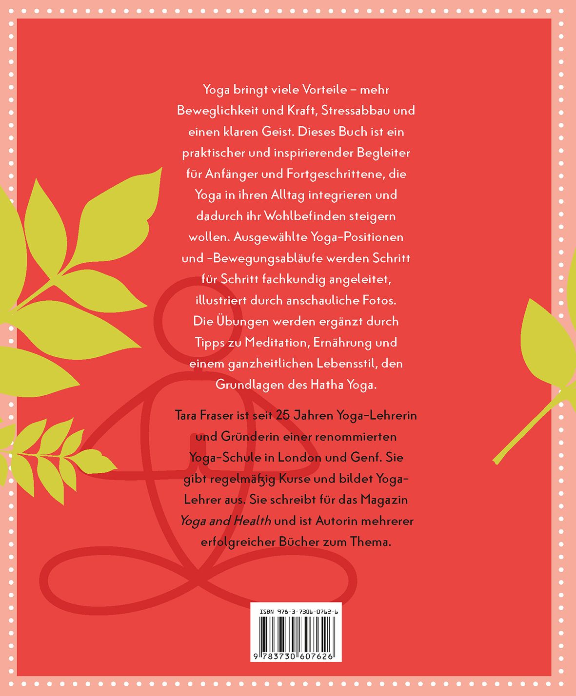 Buchrücken "Yoga für jeden Tag". Roter Hintergrund, Text in weiß. ISBN-Code. Autor: Tara Frazer. Verlag: Anaconda.