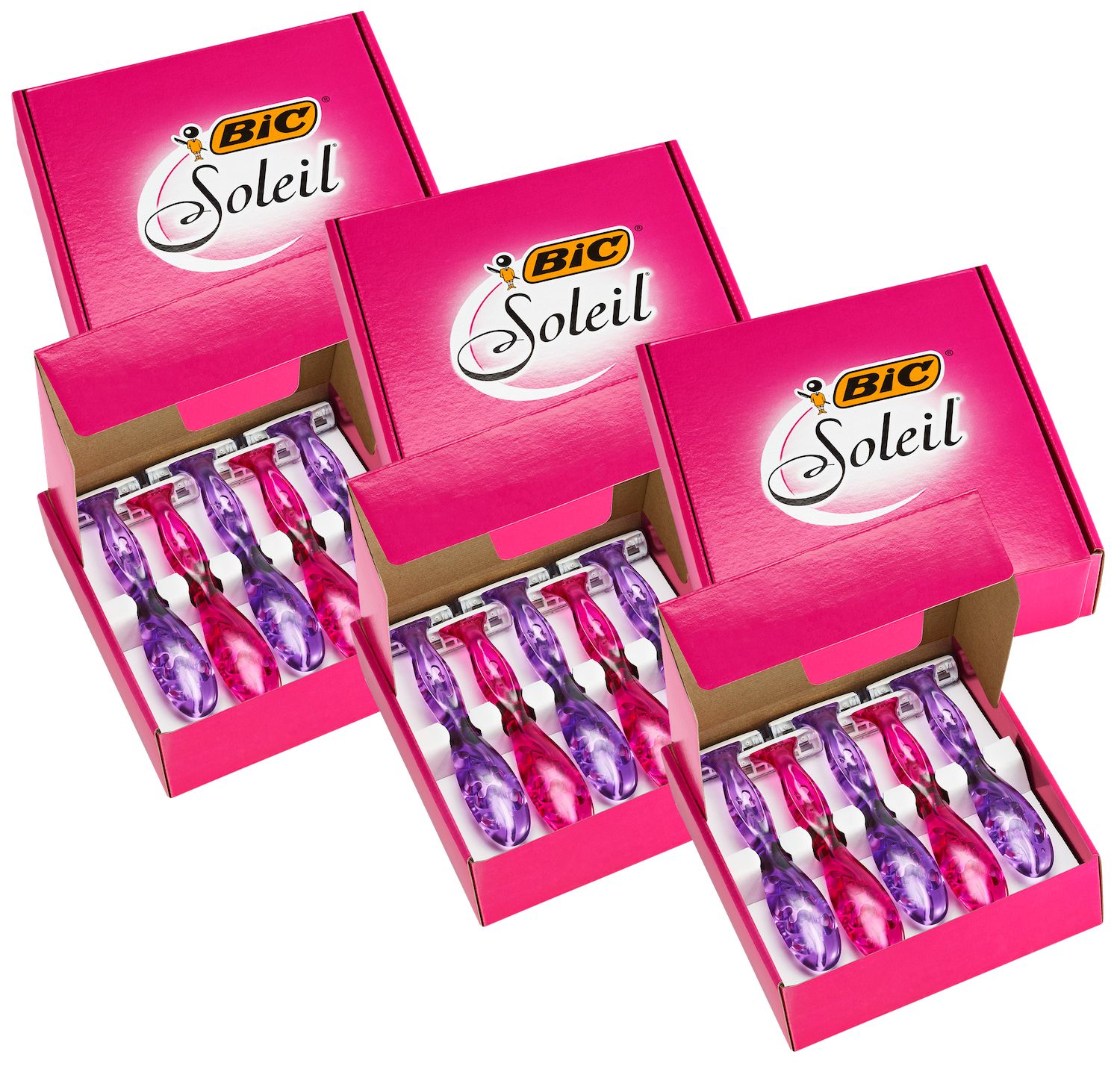Drei Packungen BIC Soleil Rasierer. Jede Packung enthält mehrere Rasierer in pinken und lila Farben.