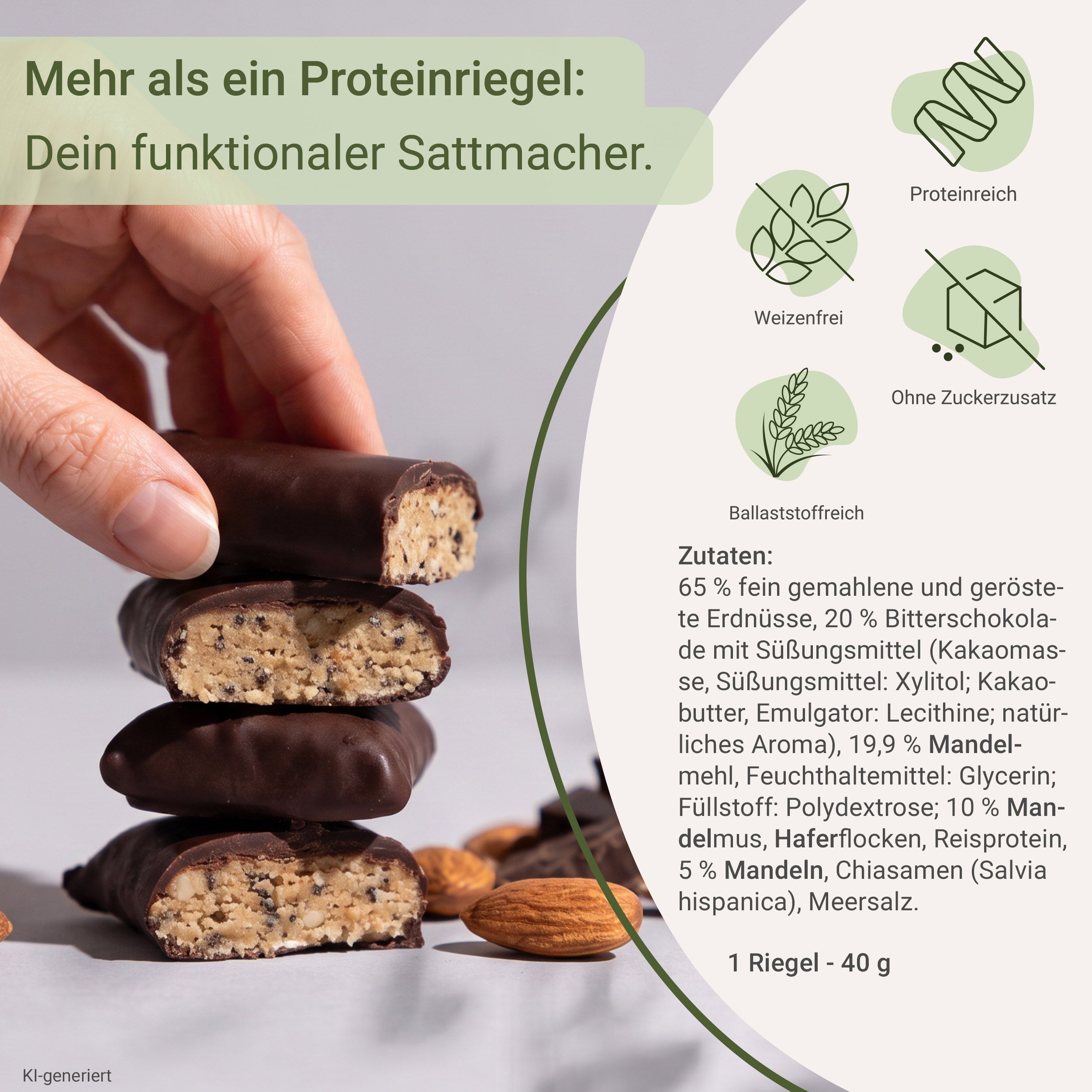 Gestapelte Proteinriegel mit Schokoladenüberzug und sichtbaren Nuss- und Samenstückchen. Ein Riegel wird gehalten.