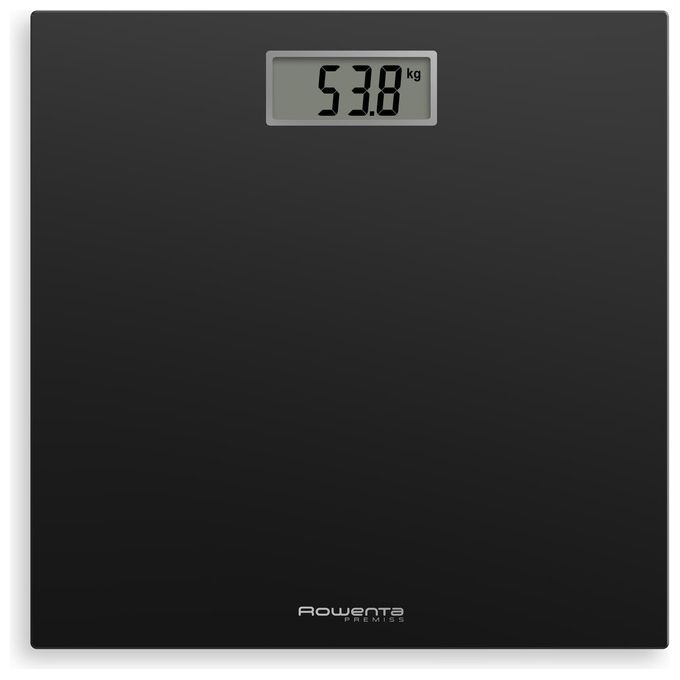 La bilancia elettronica Rowenta Premiss BS1400 Quadrato Nero è di colore nero. Mostra 53,8 kg su un display digitale. Il design è quadrato con angoli arrotondati. Il logo Rowenta è visibile in basso a destra.