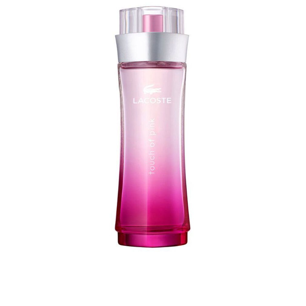 Lacoste Touch of Pink Eau de Toilette Flakon. Rosa Farbverlauf, silberner Ring, transparenter Verschluss.