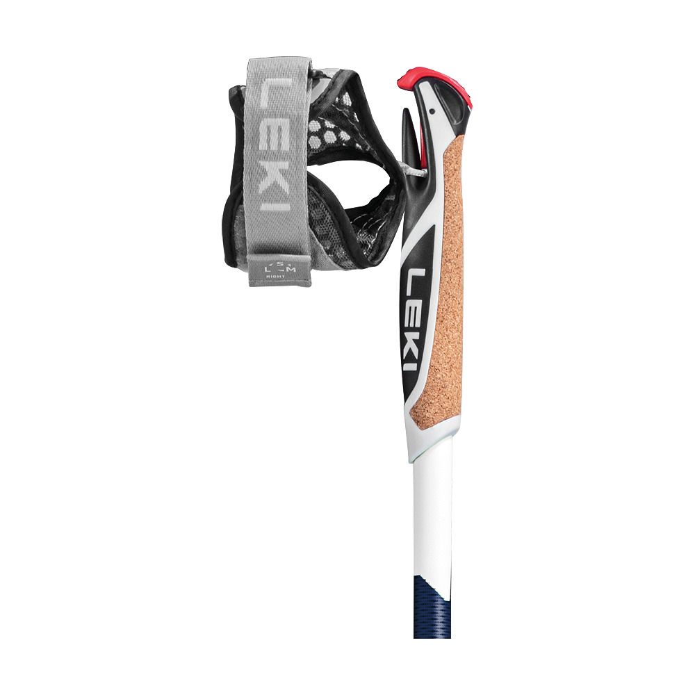 Griff und Handschlaufe eines Nordic-Walking-Stocks. Marke Leki. Korkgriff, graue Handschlaufe.