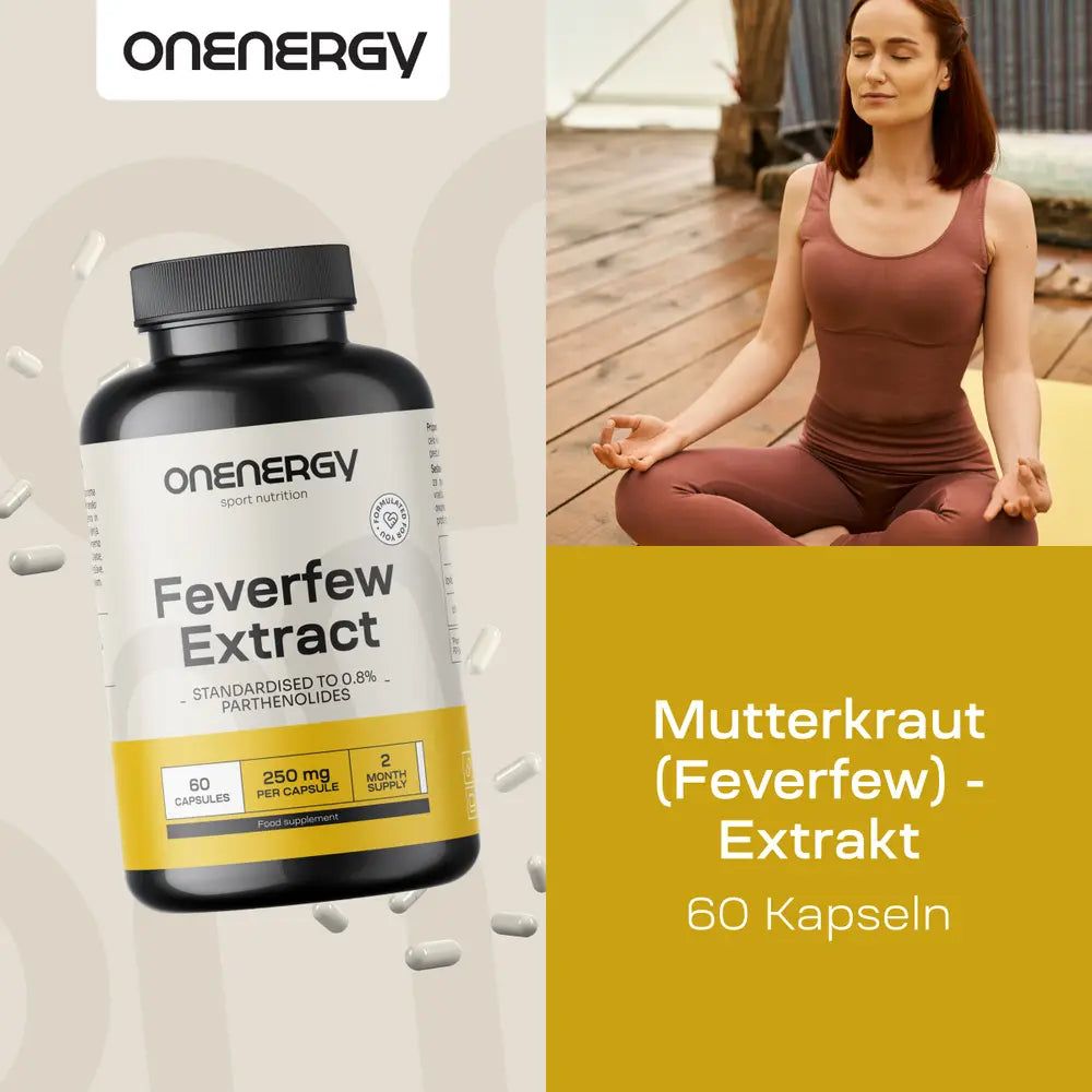 Frau in Meditationshaltung, daneben eine Flasche OnEnergy Mutterkraut Extrakt.