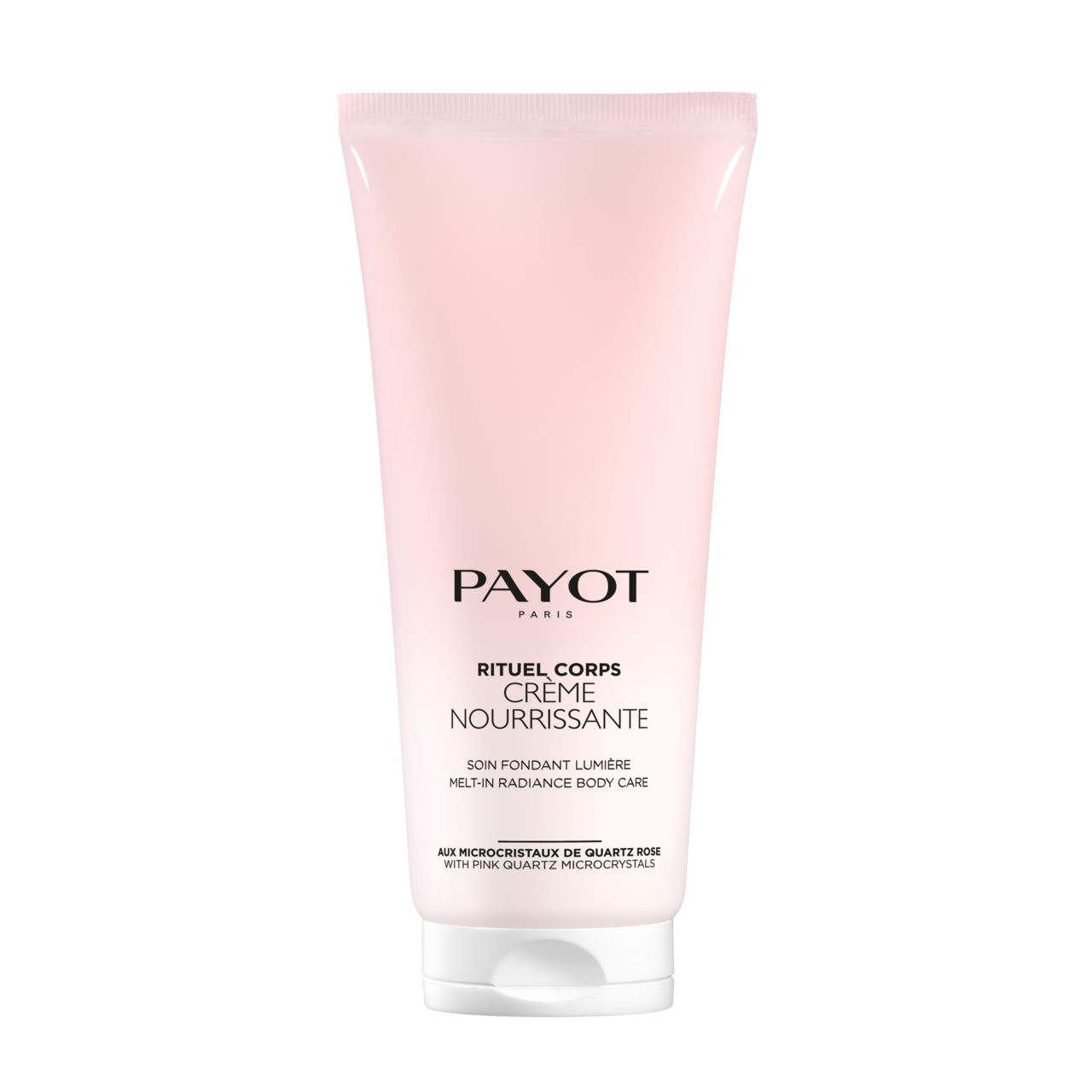 Rosa Tube mit weißem Deckel. Aufschrift: PAYOT PARIS, RITUEL CORPS, CRÈME NOURRISSANTE. Text: SOIN FONDANT LUMIÈRE, MELT-IN RADIANCE BODY CARE.