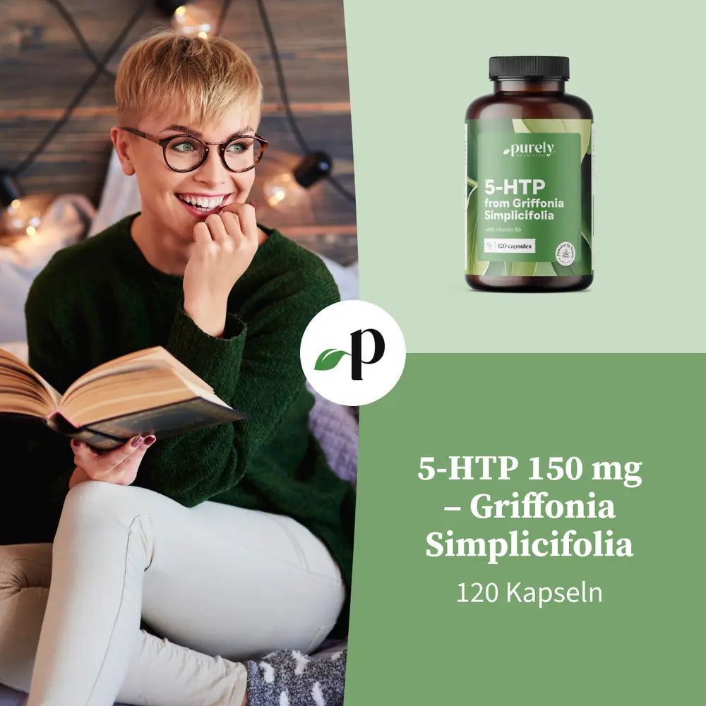 Frau mit Brille liest Buch. Daneben Flasche mit 5-HTP. Text: 5-HTP 150 mg – Griffonia Simplicifolia, 120 Kapseln.