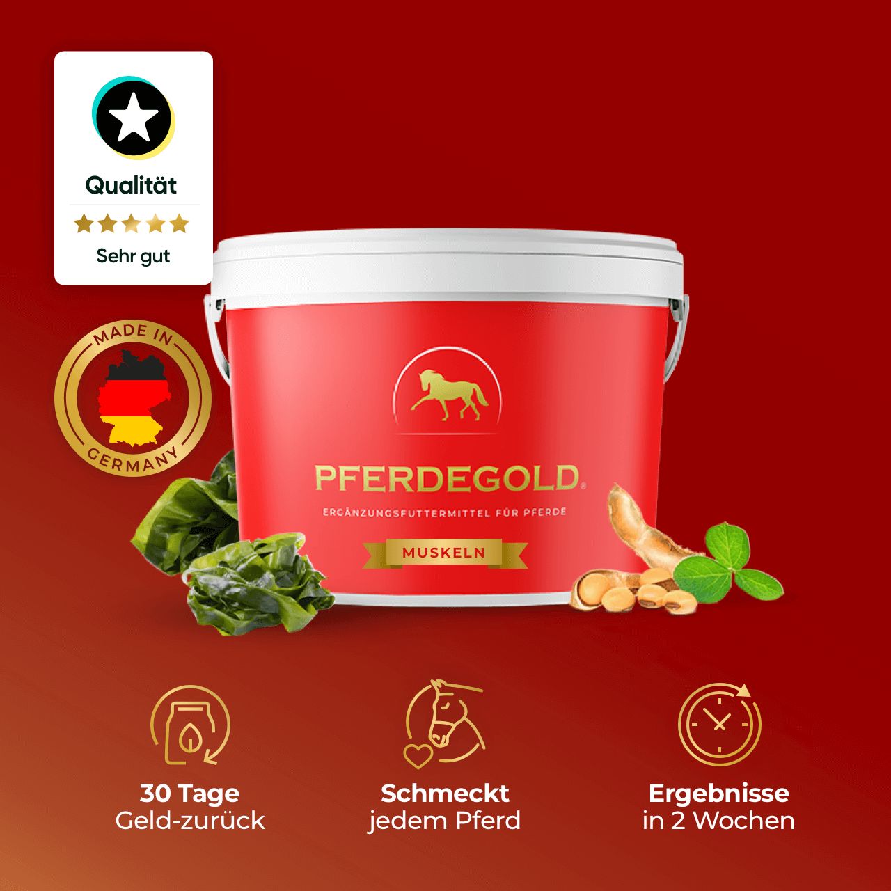 Roter Eimer mit Pferdegold Muskeln. Qualitätssiegel, Made in Germany. Zusatzfutter für Pferde. 30 Tage Geld-zurück-Garantie.