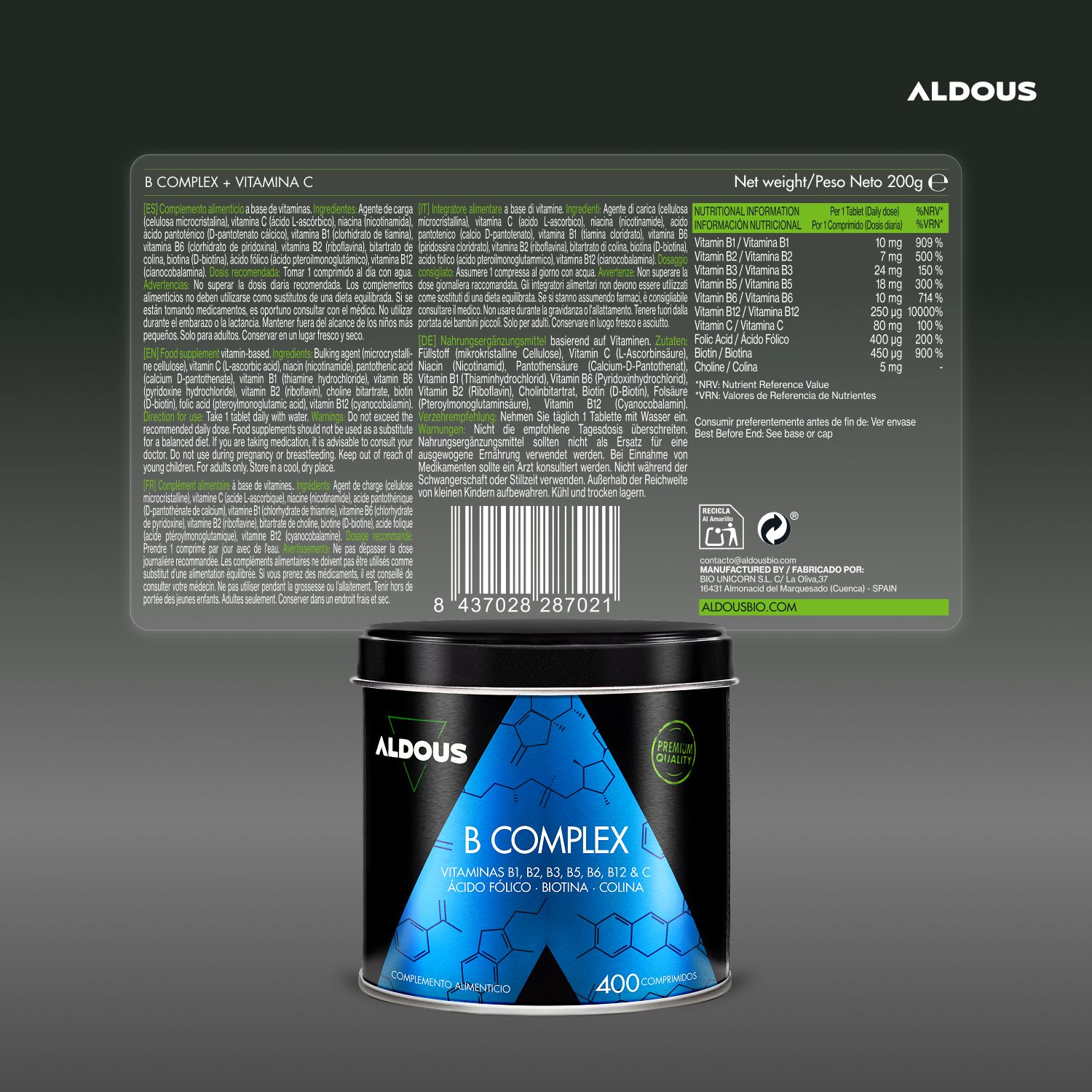 Aldous B Komplex Dose mit Etikett, mit Barcode und Produktinformationen.