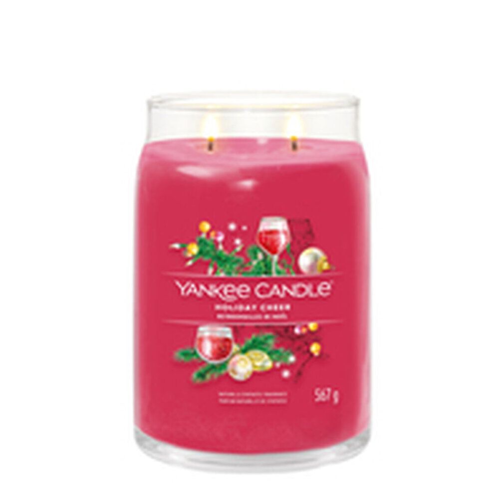 Rote Kerze mit Glasdeckel. Aufschrift: Yankee Candle Holiday Cheer. 567 g.