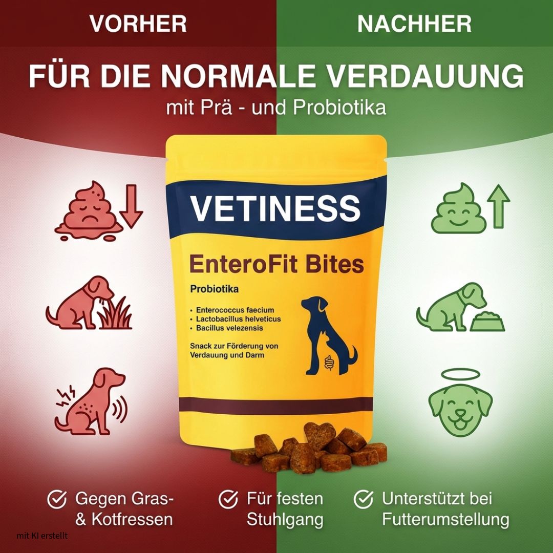Gelbe Verpackung mit Produktnamen und Illustration. Vergleich: Vorher/Nachher. Text: Für die normale Verdauung. Gegen Gras- & Kotfressen, fester Stuhlgang.
