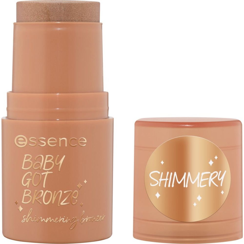 Bronzer-Stick mit geöffnetem Deckel. Auf dem Stick steht "essence Baby Got Bronze shimmering bronzer". Der Deckel liegt daneben.
