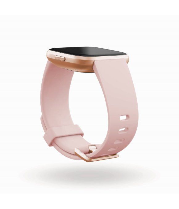 Fitness-Tracker, rosafarbenes Armband, goldfarbenes Gehäuse. Einfaches Design, ohne Bildschirmansicht.