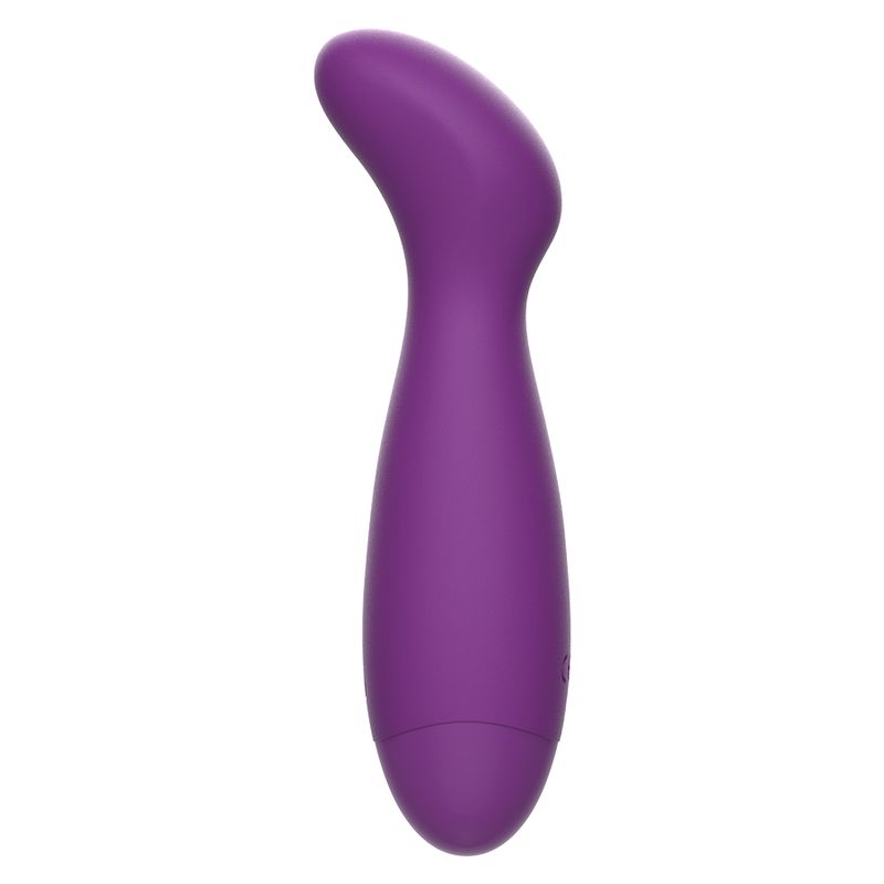 Lila Vibrator mit geschwungener Form. Auf der Unterseite befinden sich ein Knopf.