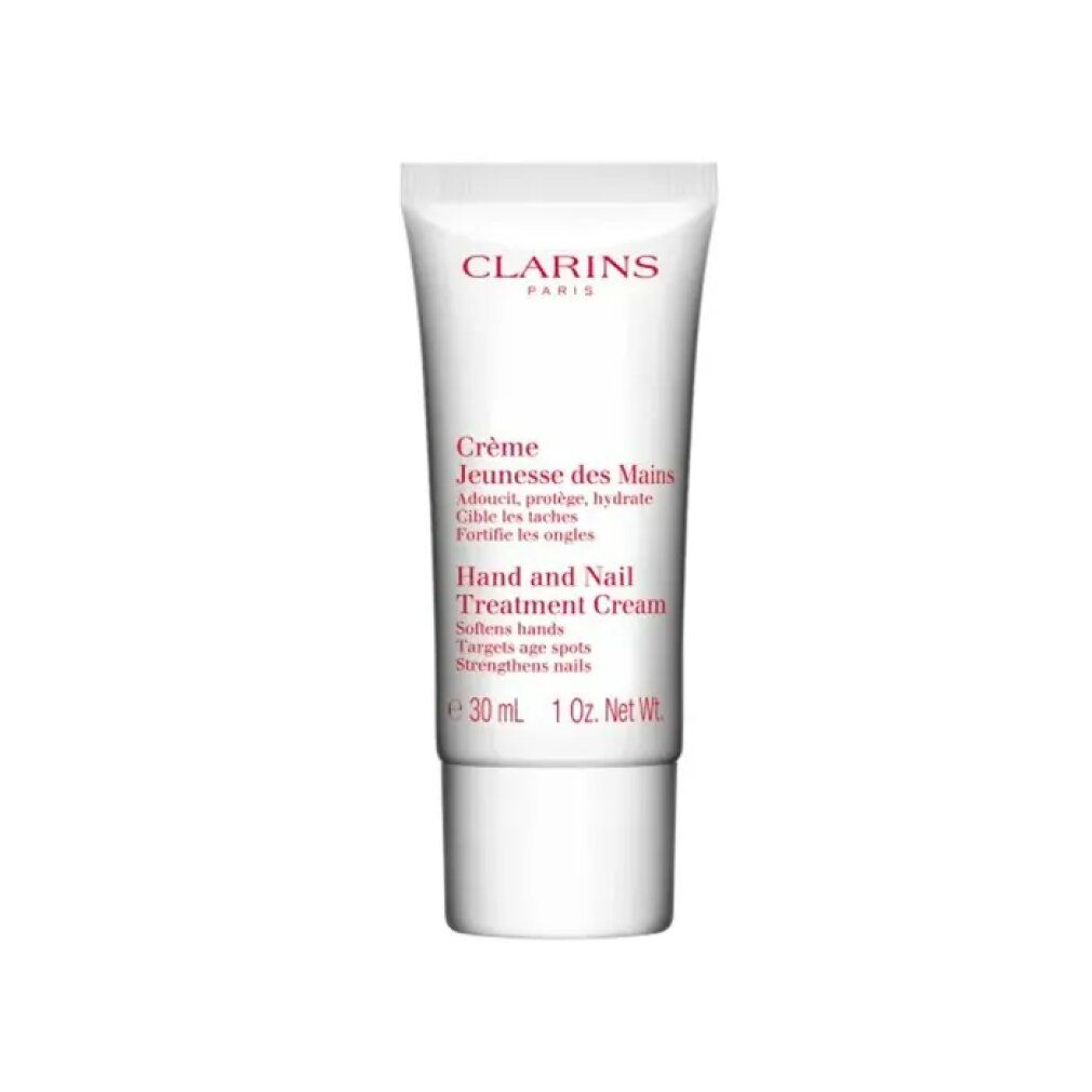 Weiße Tube mit roter Schrift. Hand- und Nagelcreme Clarins. Volumen: 30 ml, 1 Oz. Net Wt.