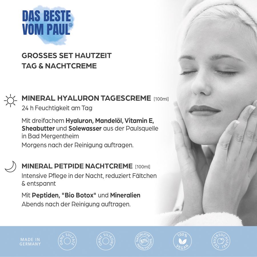 Frau mit Handtuch. Text: Großes Set Hautzeit Tag & Nachtcreme. Mineral Hyaluron Tagescreme und Mineral Peptid Nachtcreme. Zertifizierungen.