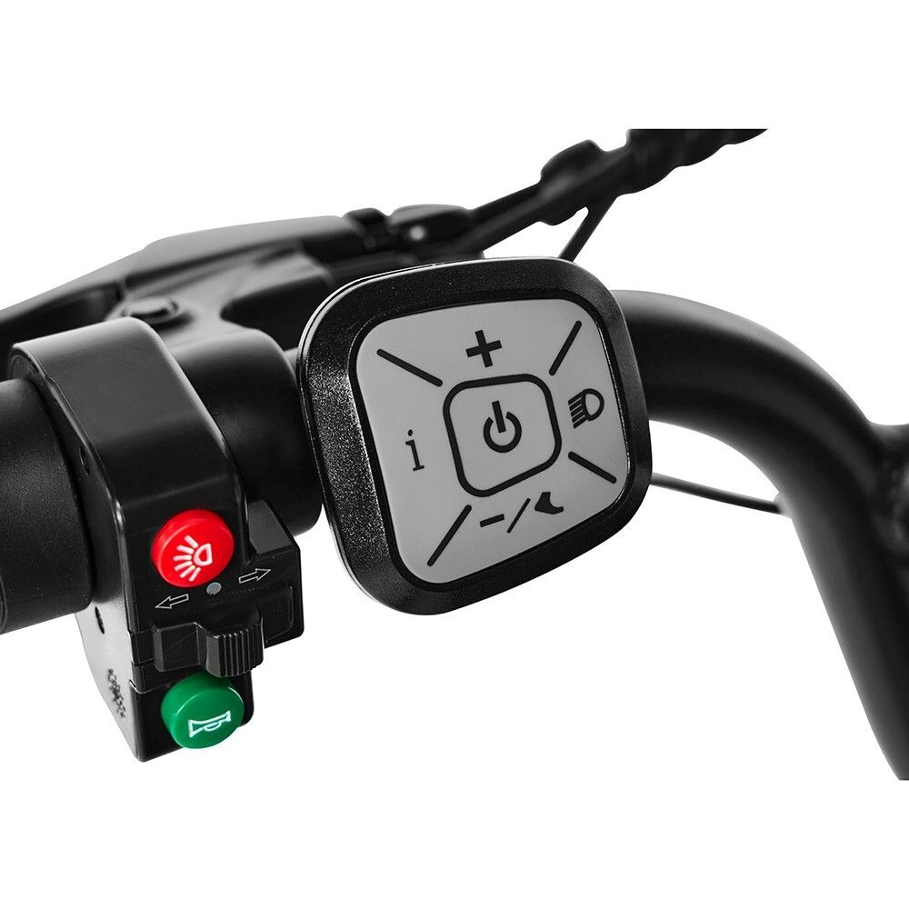 Lenker mit Bedienelementen. Schwarzer Lenker, graues Bedienfeld mit Tasten. Blinker- und Lichterschalter.