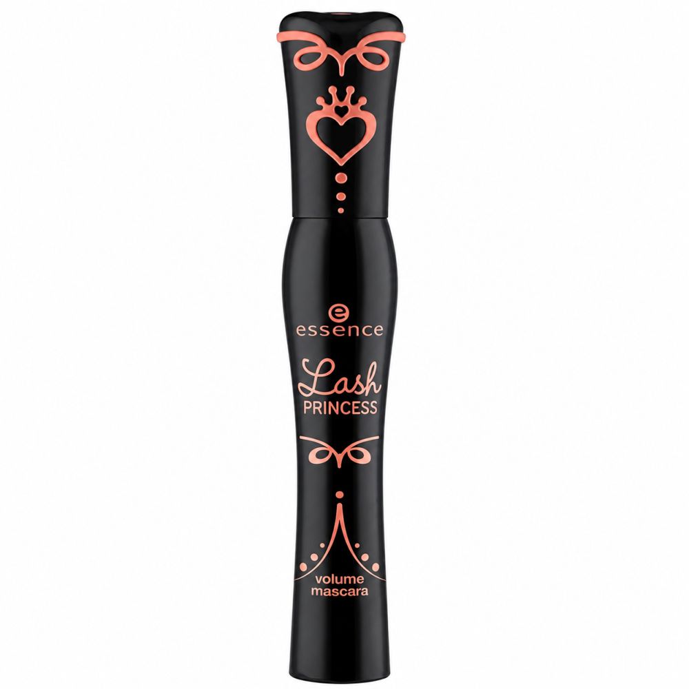Schwarze Mascara-Verpackung mit rosa Herz- und Kronenverzierungen. Enthält 'essence Lash Princess Volume Mascara'.
