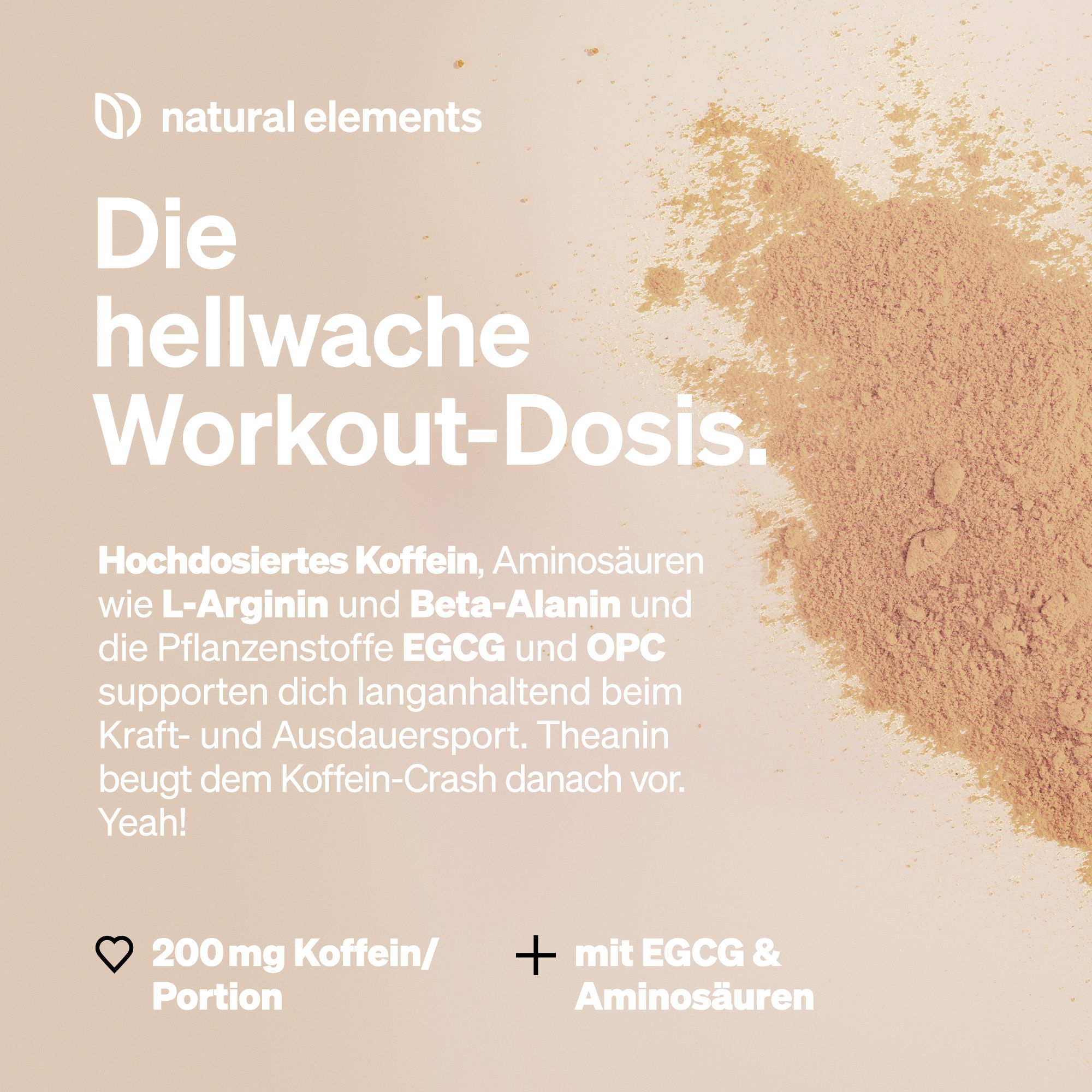 Haufen braunes Pulver. Text: Die hellwache Workout-Dosis. Enthält 200mg Koffein/Portion, EGCG & Aminosäuren.