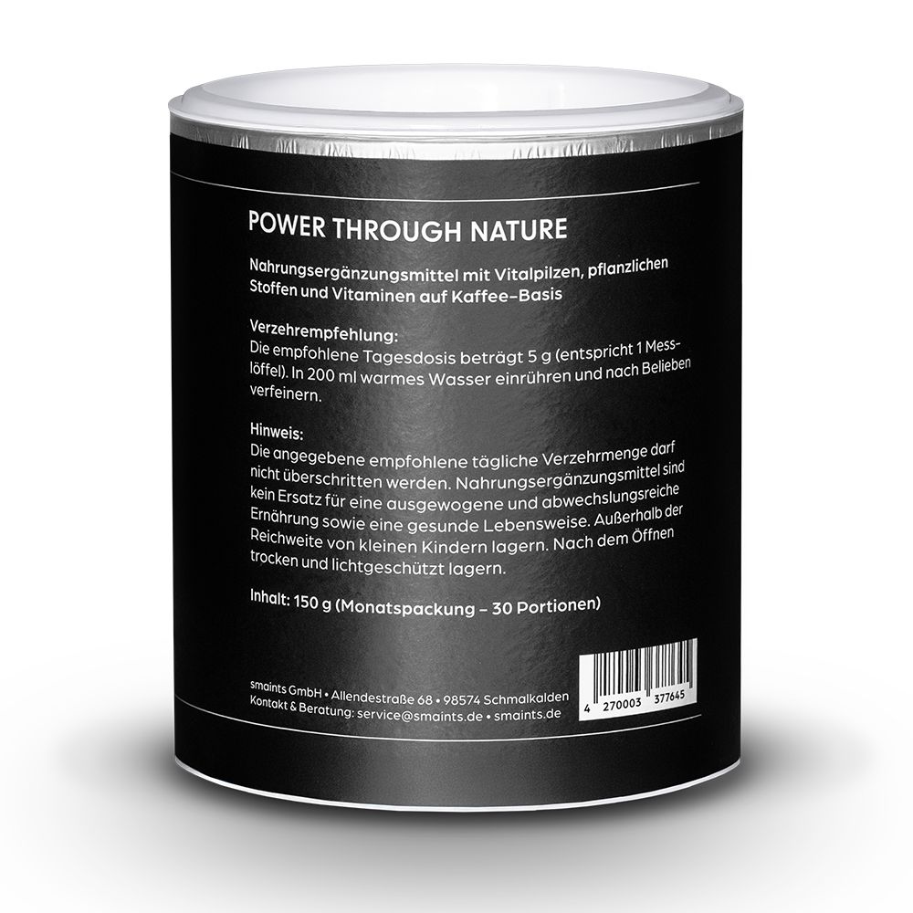 Schwarze Dose mit Text: POWER THROUGH NATURE, Nahrungsergänzungsmittel. Enthält 150g, 30 Portionen, Barcode.