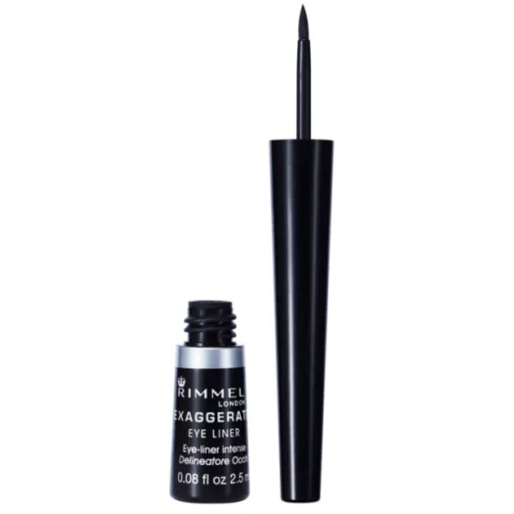 Schwarzer flüssiger Eyeliner, geöffnet. Flasche und Applikator sichtbar. Marke Rimmel Exaggerate.