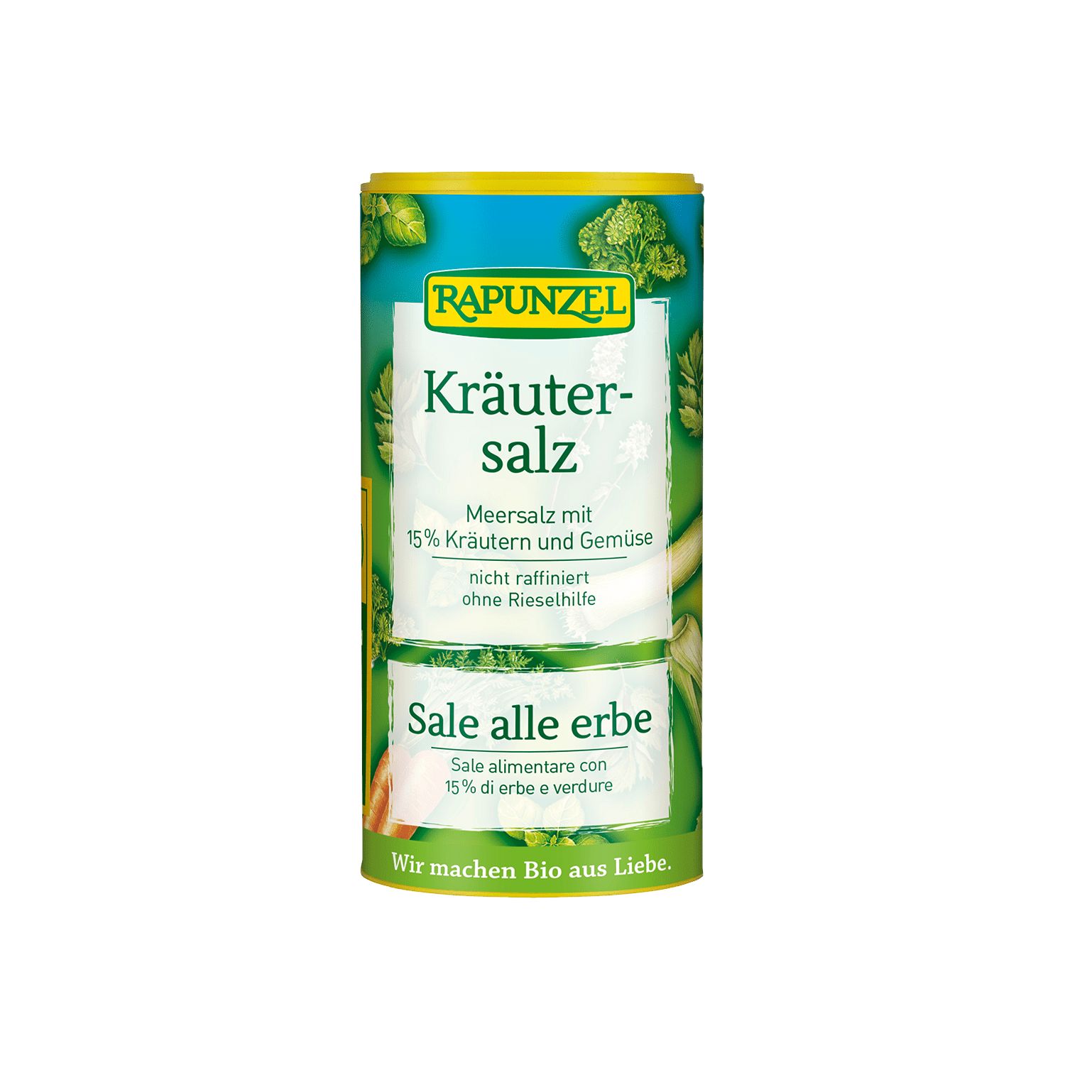 Zylindrische Dose Kräutersalz mit Gemüse. Grün-gelbe Verpackung mit Produktnamen und Inhaltsangaben.