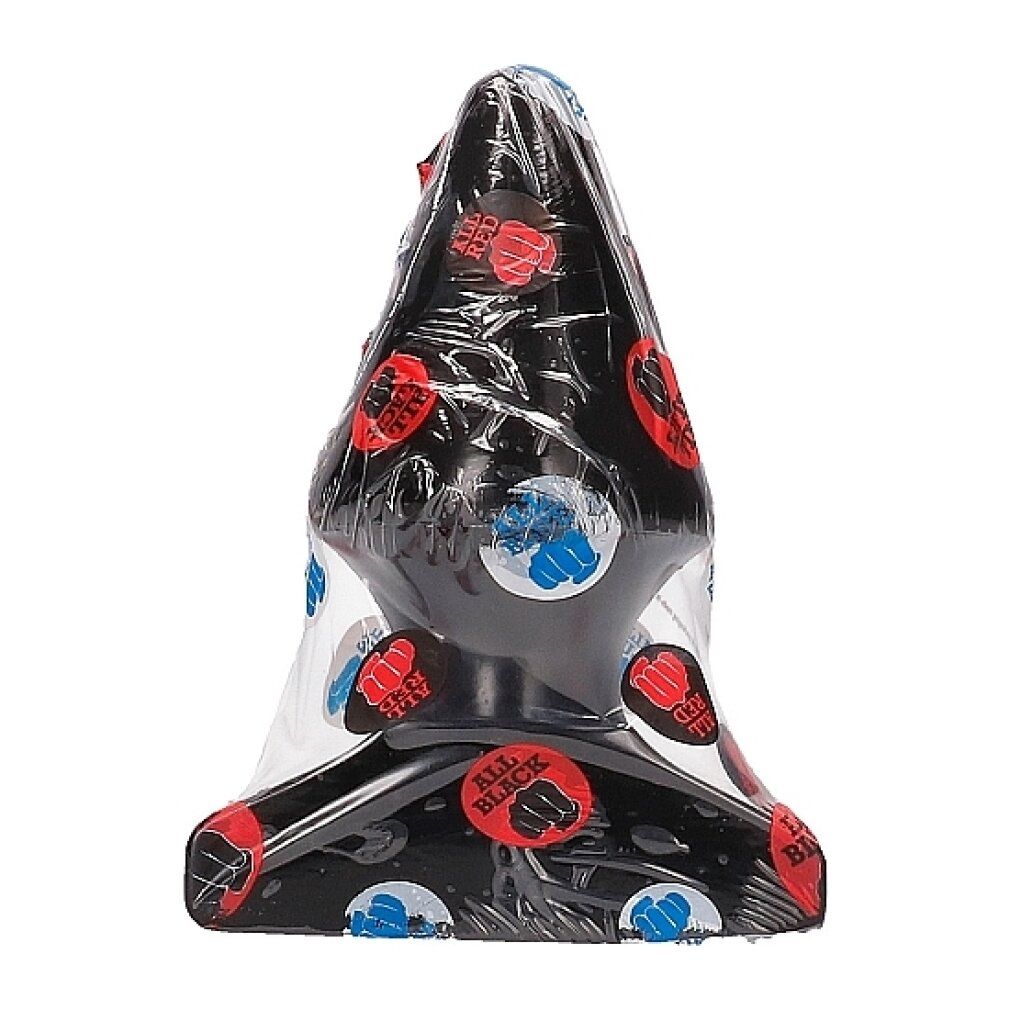 Schwarzer Analplug, verpackt in Folie mit Aufdrucken. Die Verpackung zeigt rote, blaue und schwarze Logos. Produkt ist in der Mitte zentriert.