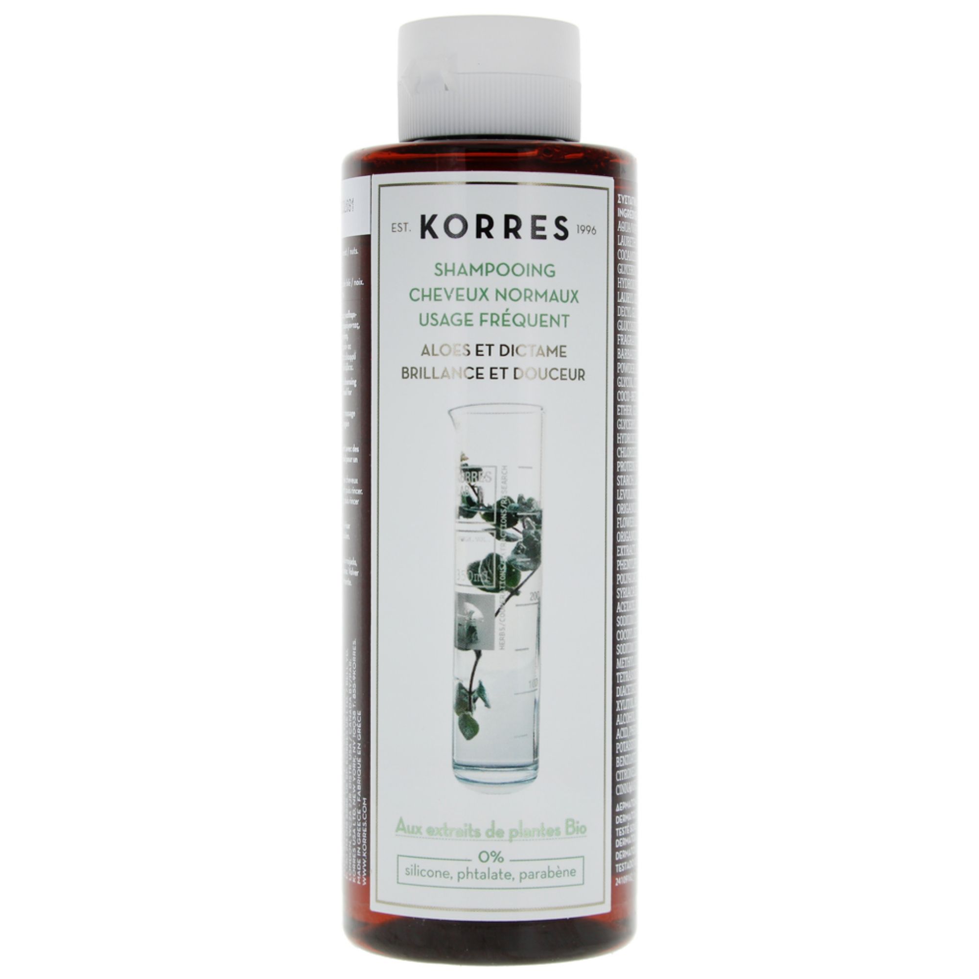 Korres Shampoo für normales Haar mit Aloe und Diptam, 250 ml, ohne Silikone.