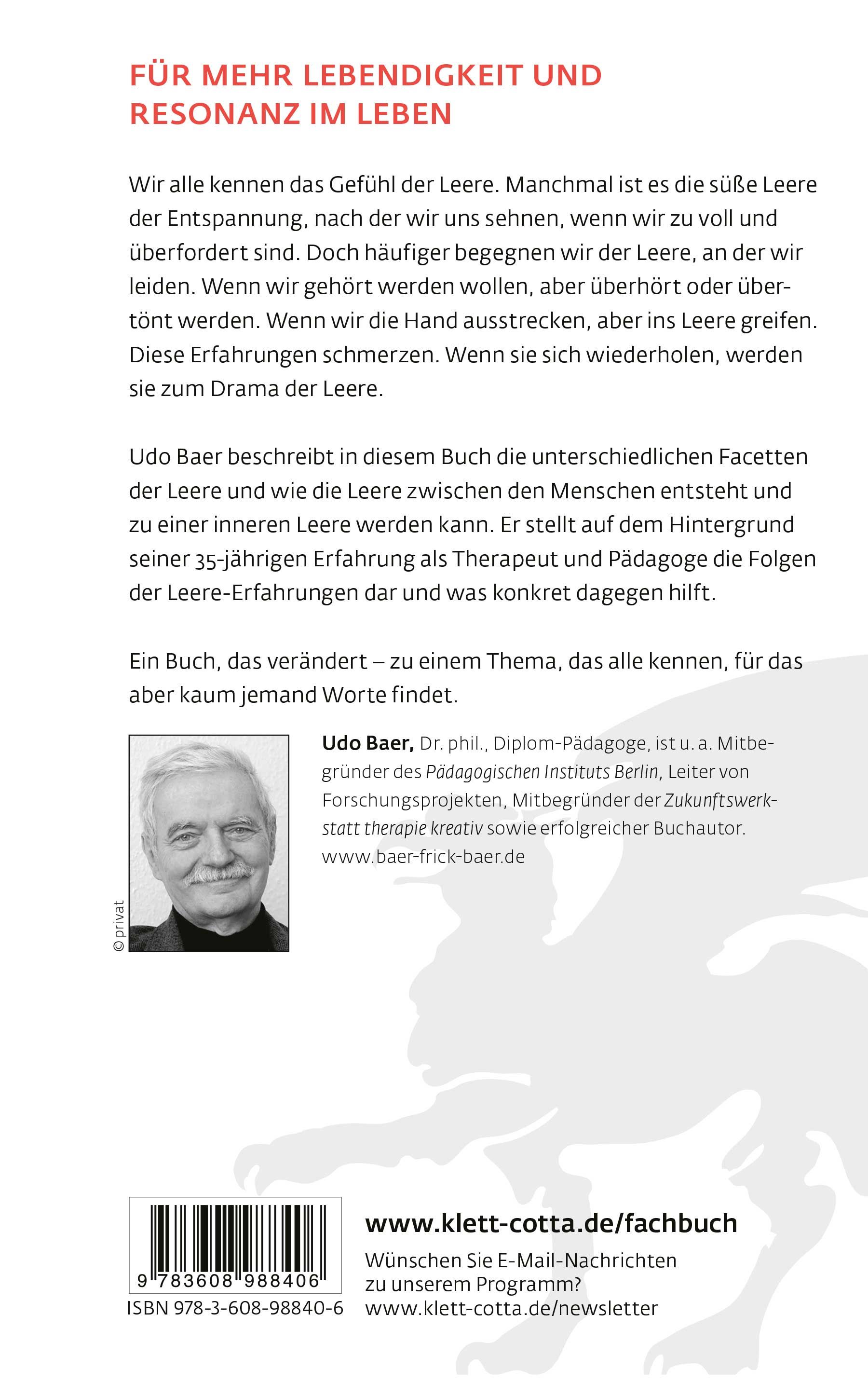 Buchrückseite. Text über das Buch "Das Drama der Leere" von Udo Baer. Foto des Autors. Verlag Klett-Cotta.