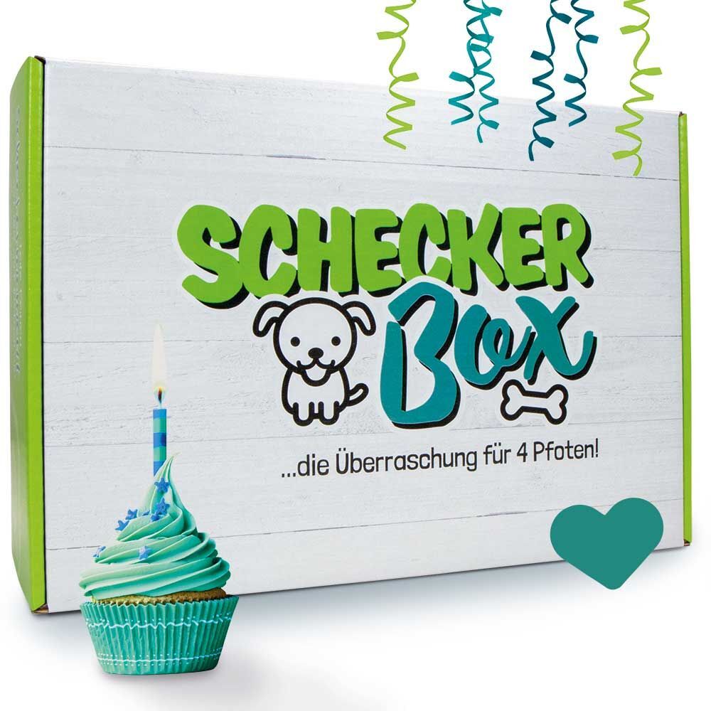 Weiße Box mit grünem Deckel. Aufschrift: Schecker Box. Abbildung eines Hundes und eines Knochens. Cupcake mit Kerze.