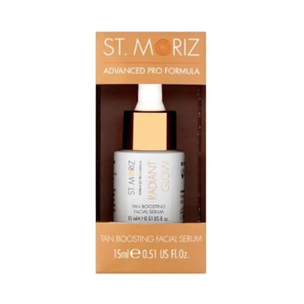 Serumflasche in Verpackung. Aufschrift: St. Moriz, Advanced Pro Formula, Radiant Glow, Tan Boosting Facial Serum.