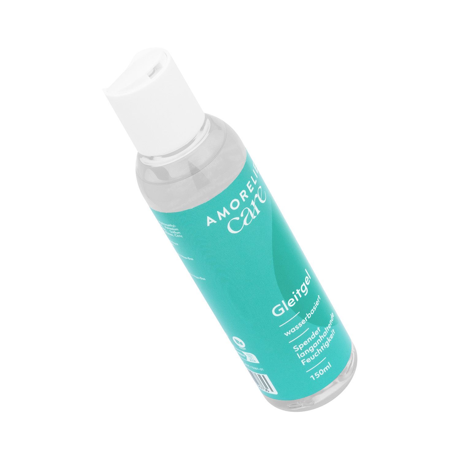 Flacon transparent incliné avec bouchon blanc. Inscription AMORELIE Care, Gleitgel, à base d'eau.