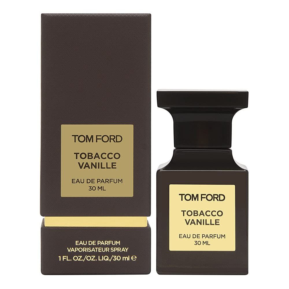 Dunkelbraune Schachtel und Flakon. Aufschrift: TOM FORD, Tobacco Vanille, Eau de Parfum, 30 ml. Flakon mit schwarzem Verschluss.