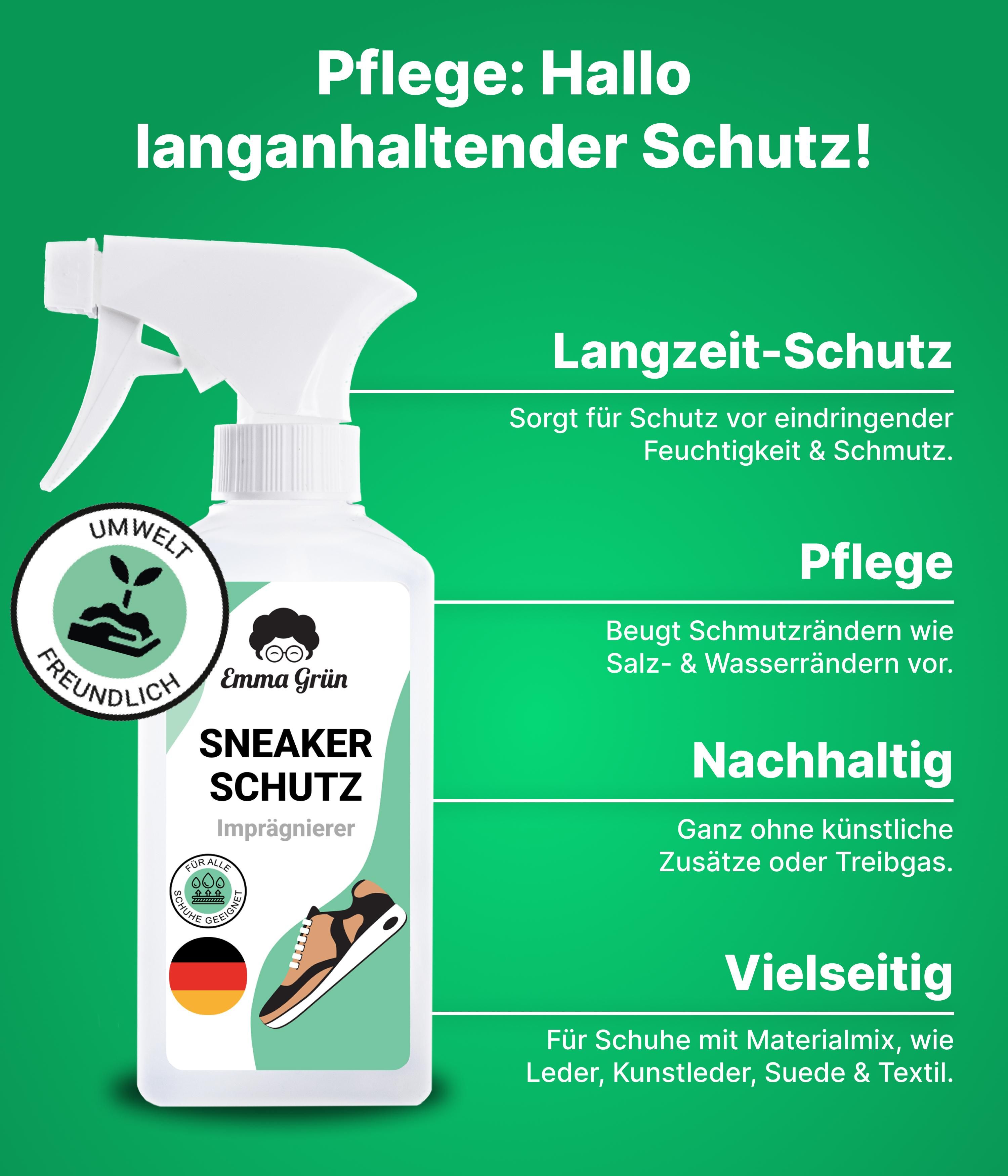 Emma Grün® Schuh-Reinigungsset mit Sneaker Reiniger & Imprägnierspray inkl. Schuhbürste
