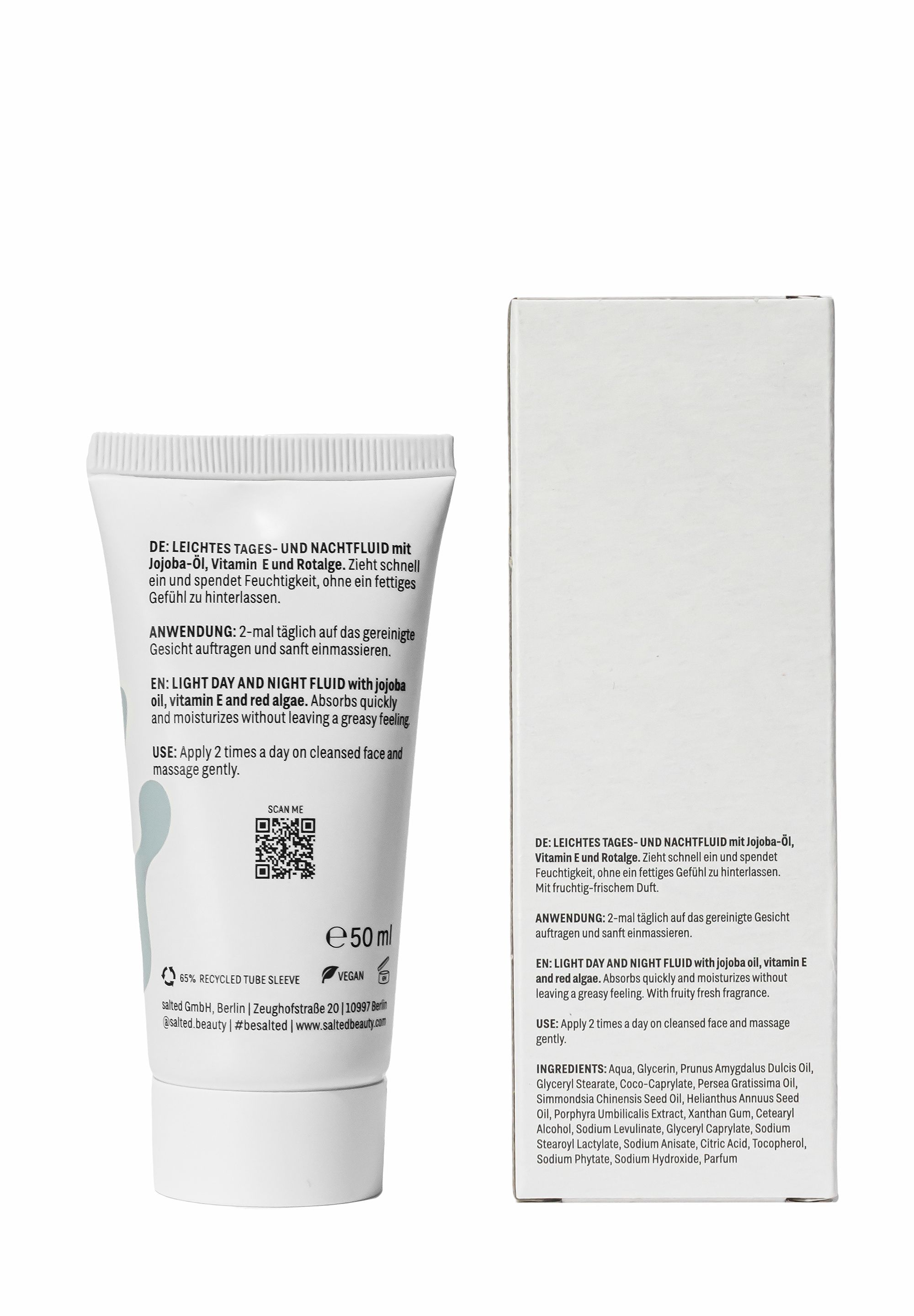 Rückseite der Tube und Verpackung. Text in Deutsch und Englisch. Inhaltsstoffe und Anwendungshinweise.