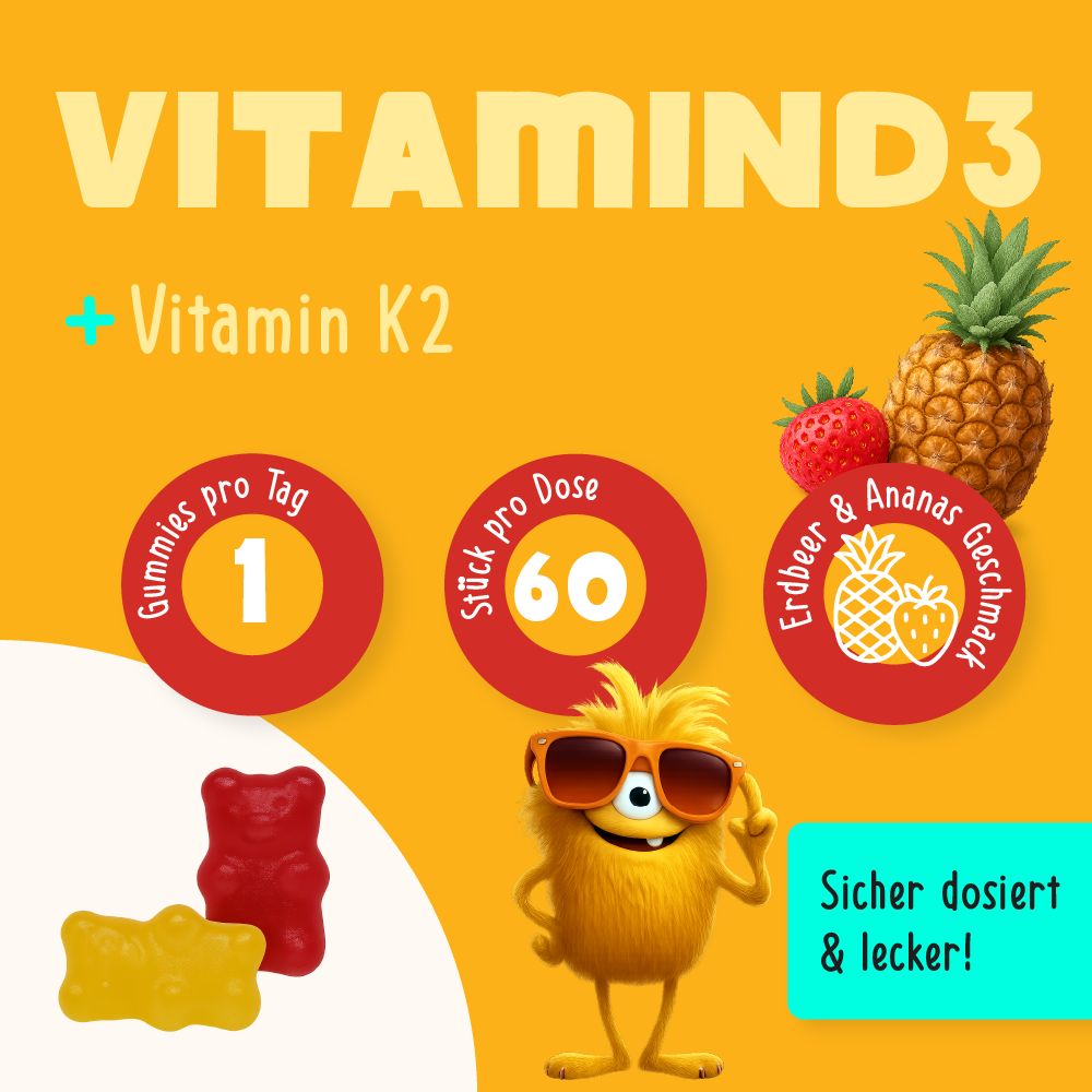 Grafik mit Vitamin D3 und K2. 1 Gummie pro Tag, 60 Stück pro Dose. Erdbeer & Ananas Geschmack. Comicfigur mit Sonnenbrille und Gummibärchen.