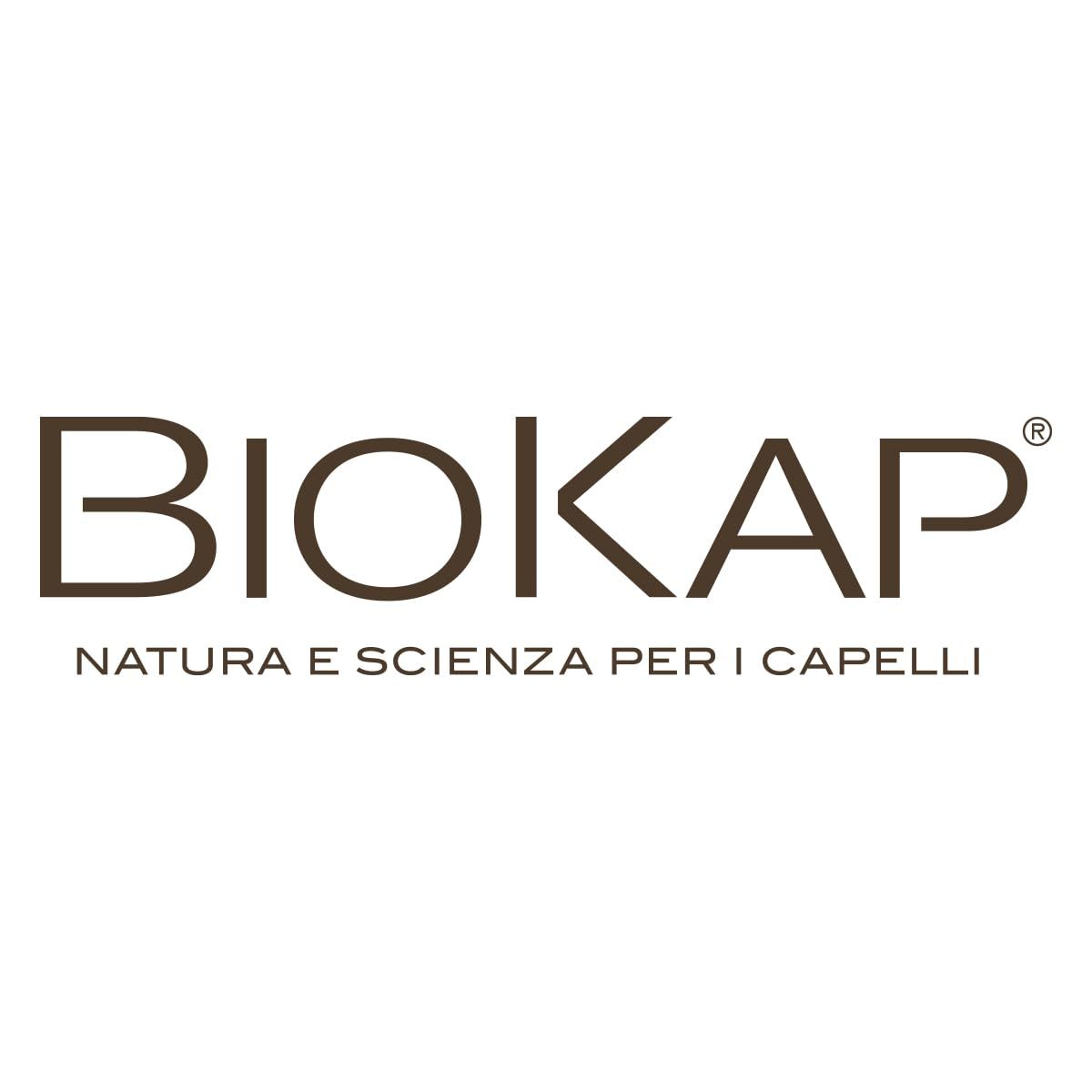 Logo Biokap. Text: Natura e Scienza per i Capelli. Braune Schrift auf weißem Hintergrund.