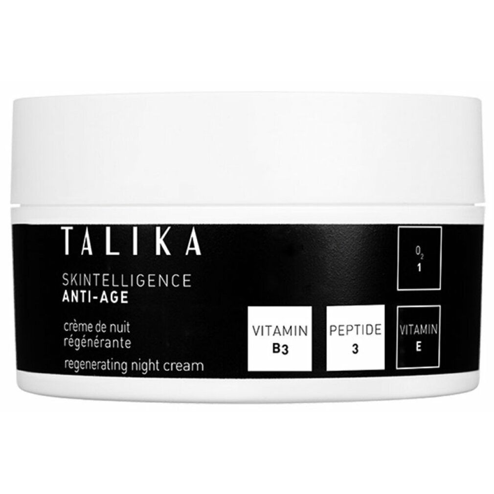 Weißer Tiegel mit schwarzem Etikett. Aufschrift: TALIKA, SKINTELLIGENCE ANTI-AGE, Regenerierende Nachtcreme. Enthält Vitamin B3, Peptid 3, Vitamin E.