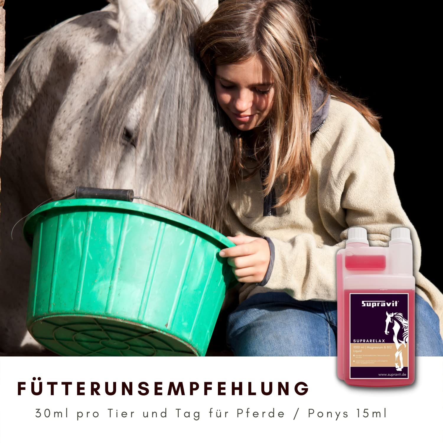 Rosa Flüssigkeit in Flasche. Aufdruck: Supravit, SupraRelax. Mädchen und Pferd. Text: Fütterungsempfehlung.