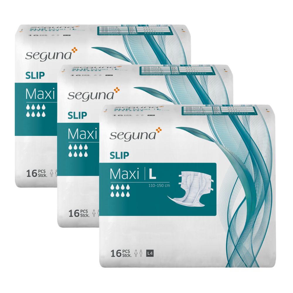 Drei Packungen SEGUNA Slip Maxi. Auf jeder Packung steht: SLIP, Maxi, 16 Stück. Auf einer Packung steht: L, 130-150 cm.