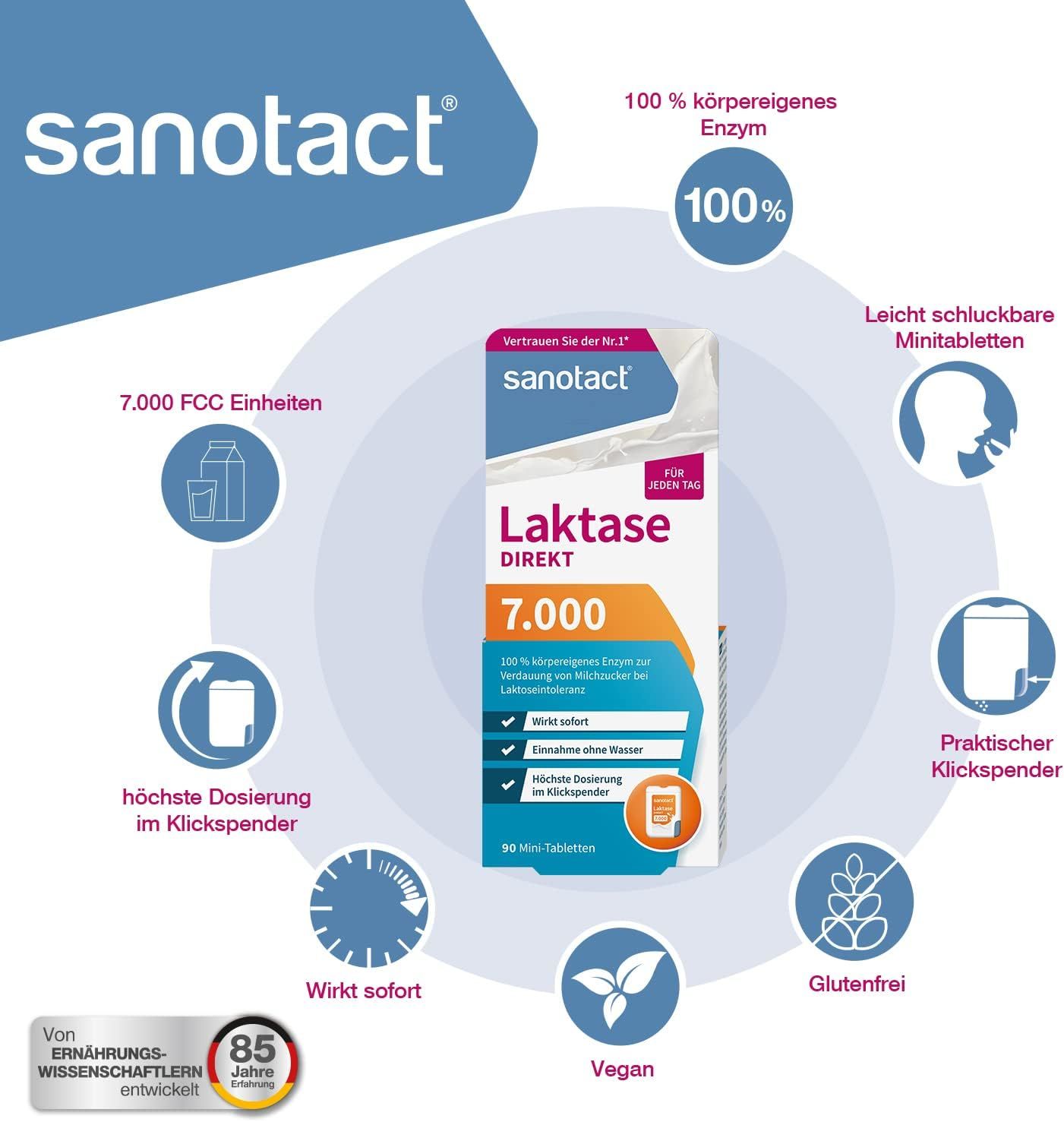 sanotact Laktase 7.000 DIREKT • Laktose Tabletten für jeden Tag • Bei Laktoseintoleranz