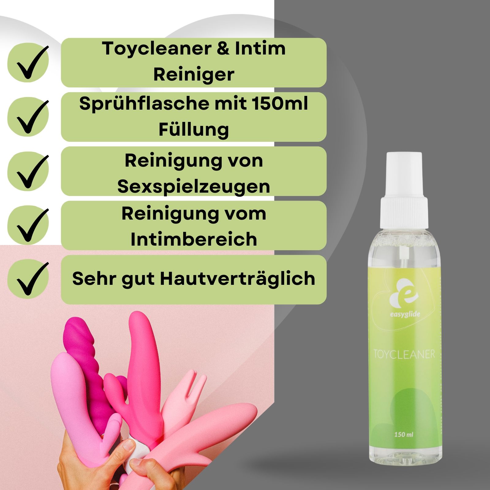 Produktabbildung mit Text. Flasche "easyglide TOYCLEANER" und Sexspielzeuge. Text: Reiniger, 150ml, hautverträglich.