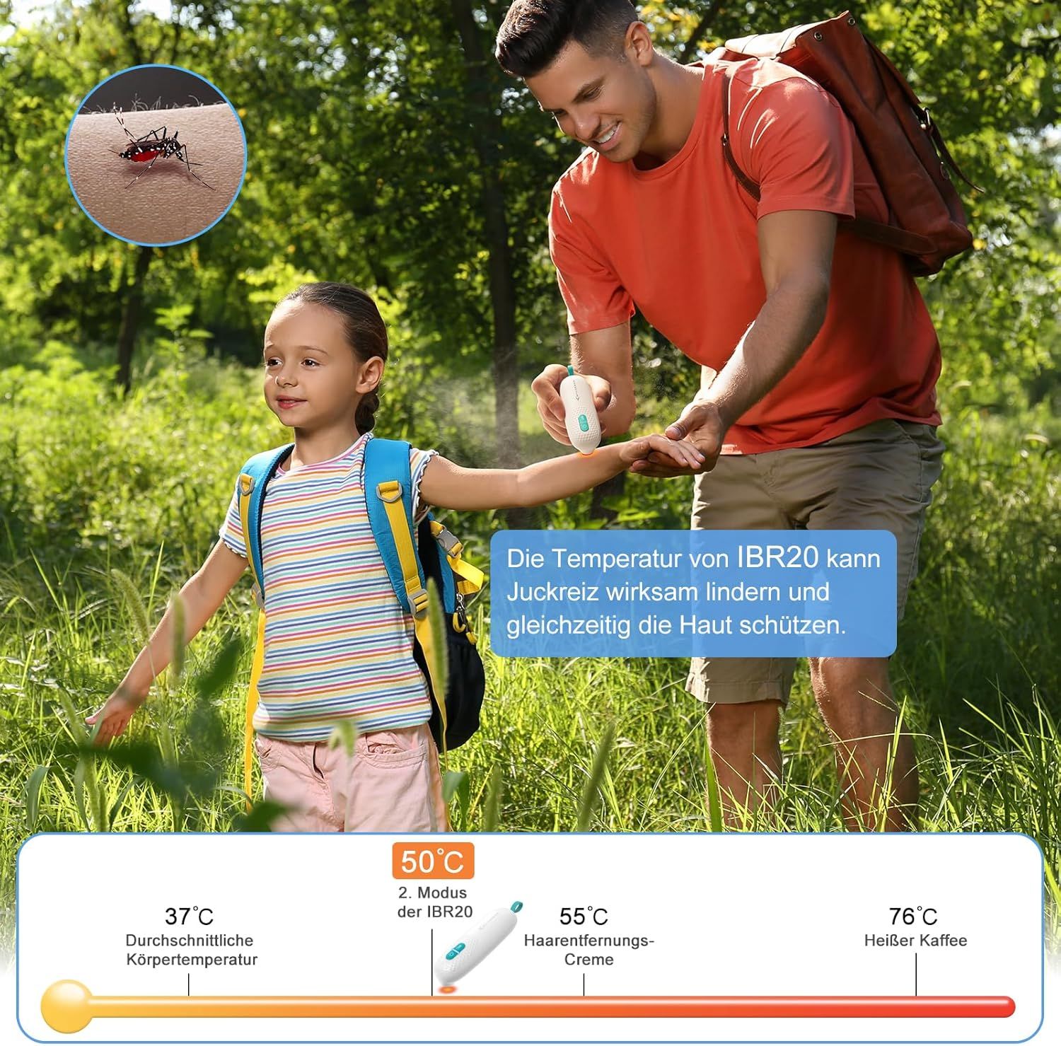 Kind und Mann mit Gerät. Temperaturanzeige. Aufschrift: MYCARBON. Im Hintergrund: Natur.