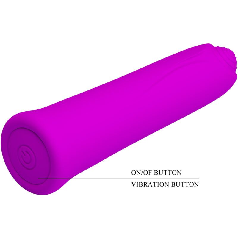 Lila Vibrator. Mit Ein-/Aus- und Vibrationstaste. Zylindrische Form.